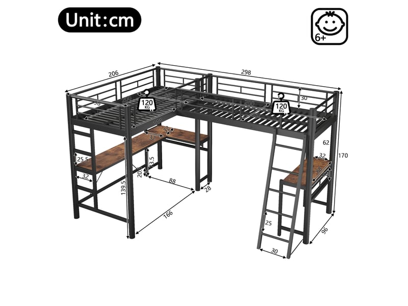 Lit mezzanine 2 places 90x200 cm en métal et mdf noir, avec bureau, double échelle et garde-corps haut, sans matelas - Conforama C