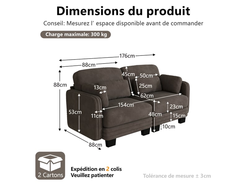 Canapé droit modulable 2 places 176x88x88 cm en chenille marron - Conforama C