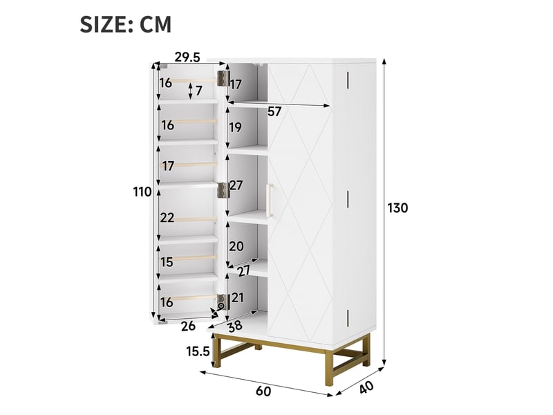 Buffet de cuisine blanc et or, meuble haut 60x40x130 cm, rangement avec étagères ajustables et portes intégrées, idéal pour petite cuisine ou salon - Conforama C