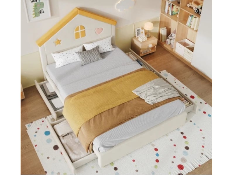  Lit enfant 140×200, forme maison, 4 tiroirs, velours, beige  - Conforama D