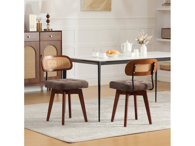  Chaise de salle à manger lot de 2 pivotante à 360° avec dossier en rotin tressé, en chenille marron café  - Conforama B