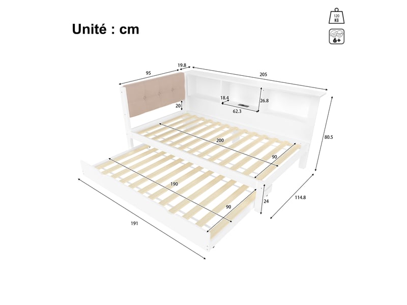 Lit banquette avec lit gigogne, étagères, port usb et éclairage réglable, en bois massif et mdf, blanc - Conforama D