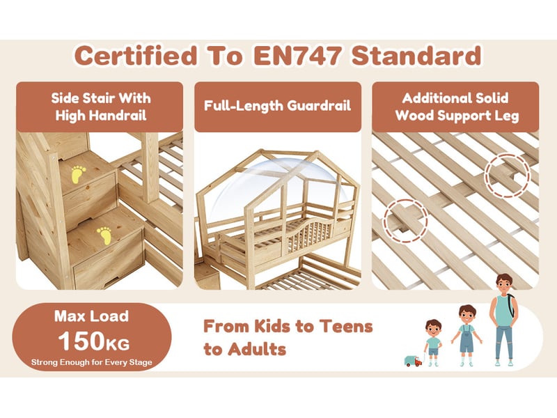  Lit superposé enfant 90x200 140x200 cm – beige et bois naturel clair – escalier de rangement, sans matelas  - Conforama E