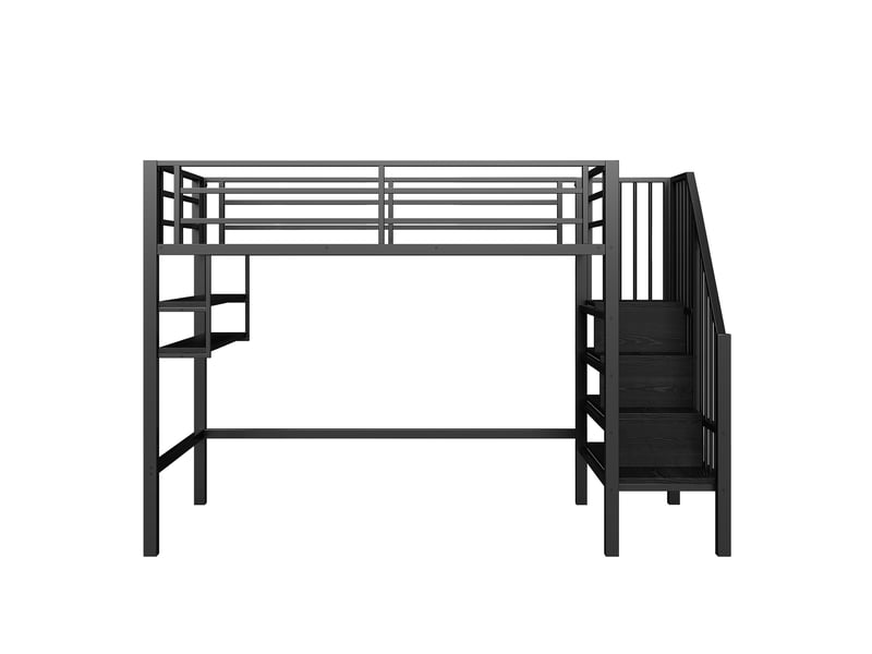 Lit mezzanine noir 90x200 cm avec étagères, échelle rangement et garde-corps - Conforama A