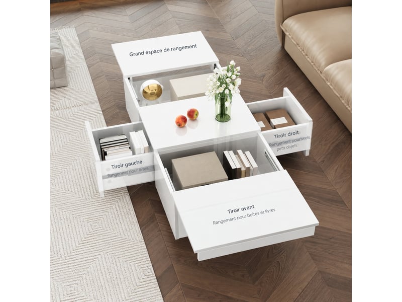  Table basse blanche brillante avec rangement caché et 2 tiroirs, 100 x 50 x 31 cm  - Conforama E