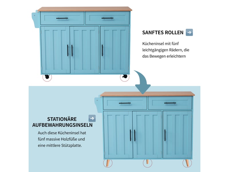  Îlot de cuisine desserte 129 × 46(71) × 91,5 cm plateau rabattable, 2 tiroirs et roulettes - lpospi - mdf bleu  - Conforama E