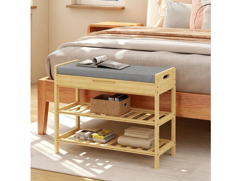  Banc de rangement à chaussures avec assise rembourrée, 2 étagères et compartiment caché, en bambou et lin gris, 68 × 30 × 50 cm  - Conforama D