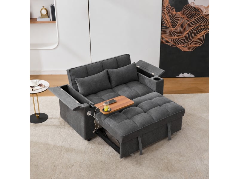  Canapé convertible 3 en 1 deux places, dossier réglable, usb et table escamotable, gris  - Conforama B