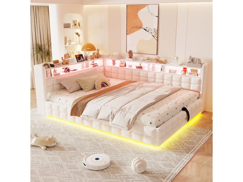 Lit coffre hydraulique 140x200 cm avec rangements, led et prises usb-c, velours beige, sans matelas - Conforama R
