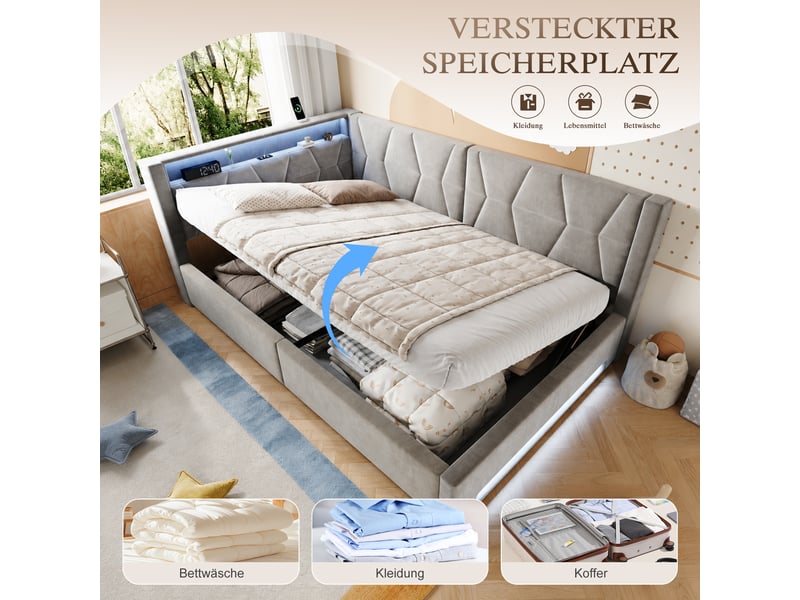  Lit banquette hydraulique 140x200 cm, led, usb-c, lit coffre rembourré, lit simple, éclairage tête et pied, velours, gris Seren Glow - Conforama D