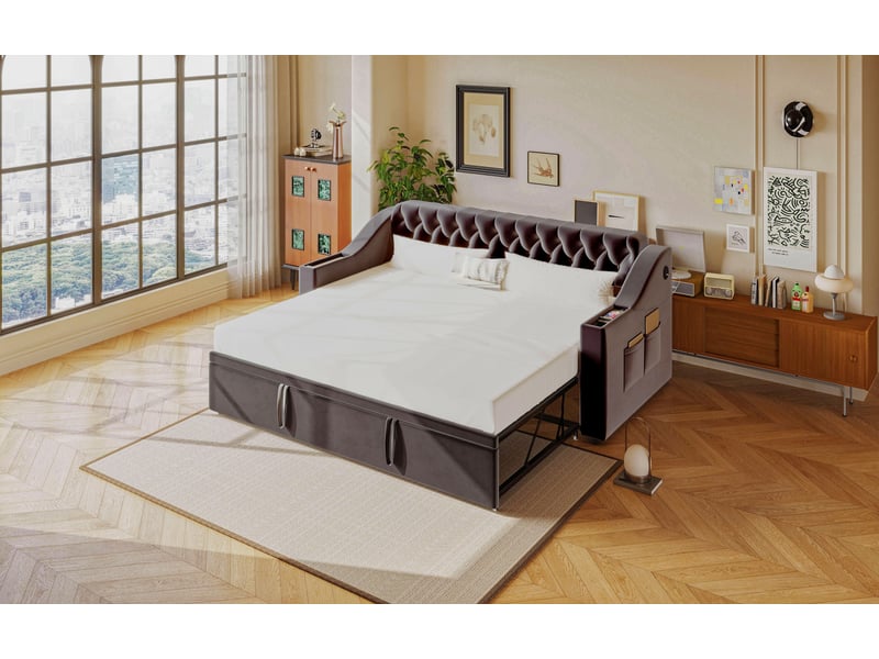  Canapé-lit rembourré 90180x190 cm, lit gigogne avec port de chargement usb, lit double avec rangement intégré, velours, gris foncé  - Conforama W