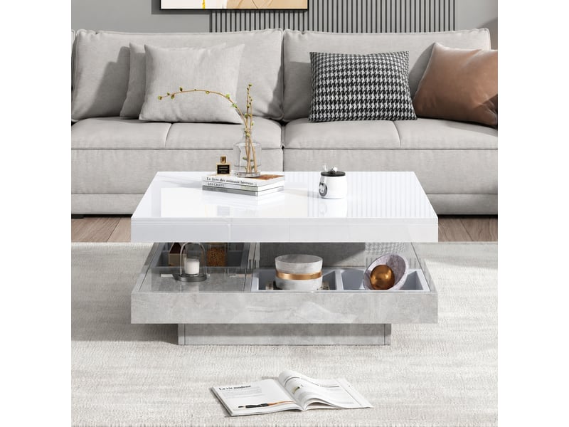  Table basse pivotante à 360° double plateau 70 x 70 cm blanc effet marbre  - Conforama D