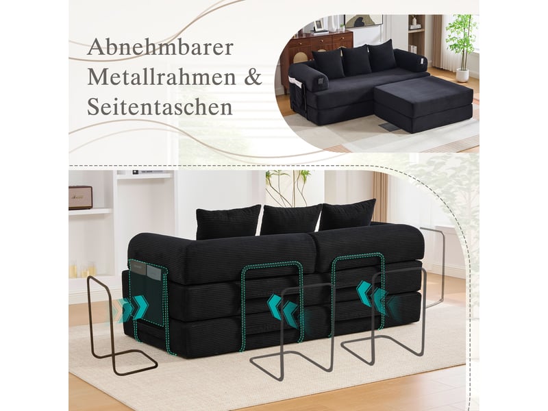  Canapé convertible, canapé-lit — avec pouf, poches latérales, en velours tricoté, noir  - Conforama W