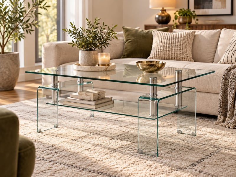  Table basse de salon en verre trempé transparent, 2 plateaux, pieds en verre, 100 x 55 x 45 cm Fay Lum - Conforama E