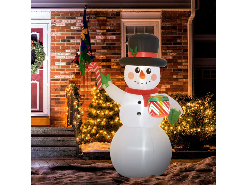  Bonhomme de neige de 1,80 m avec canne de noël et cadeau, autogonflant, led, résistant aux intempéries  - Conforama D