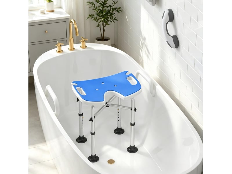  Tabouret de douche réglable 48,5 x 33 cm – bleu foncé – assise u, ventouses et barre d'appui stable  - Conforama E