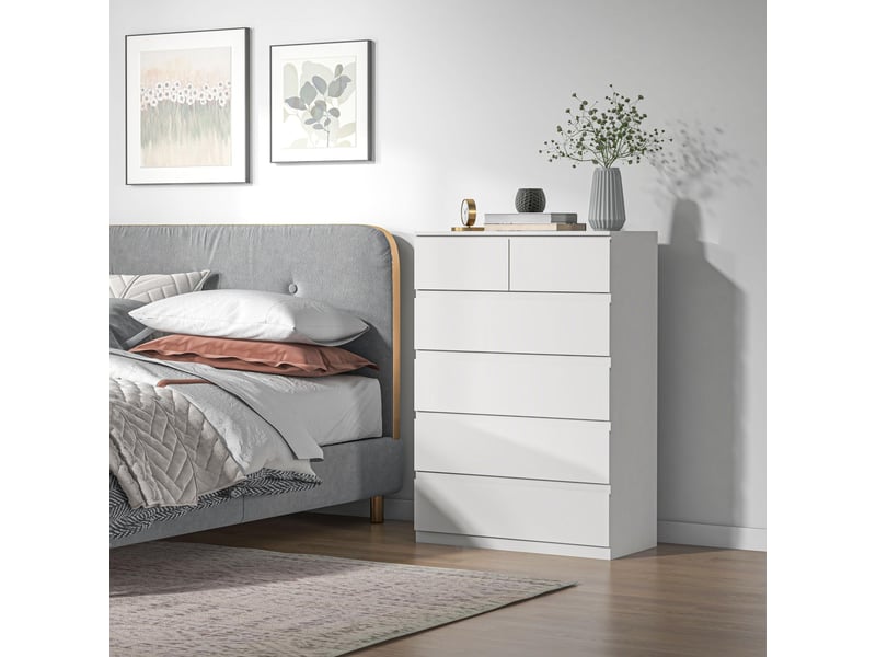  Commode à 6 tiroirs avec système anti-basculement, panneaux de particules, 80 x 39 x 115 cm, blanche  - Conforama D