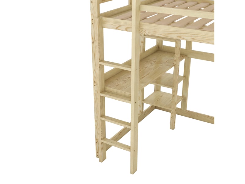  Lit mezzanine double 200×140 cm avec bureau et 4 étagères, en pin et mdf, finition naturelle et blanche  - Conforama E