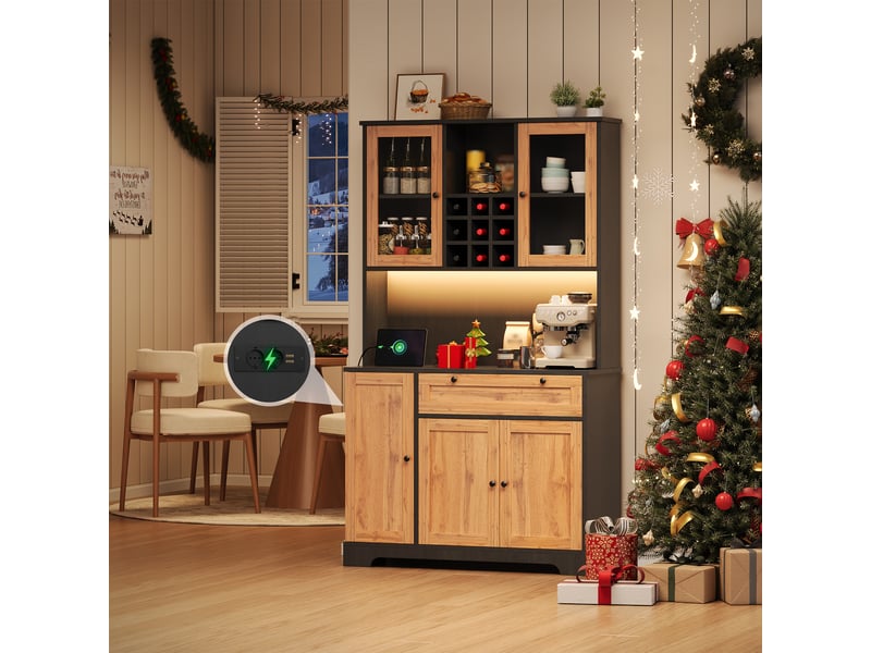  Vitrine de cuisine haute avec led et prise, armoire avec range-épices et étagères réglables, buffet vaisselier, 180 × 105 × 40 cm, naturel, moderne CARDUME ESTIVAL - Conforama D