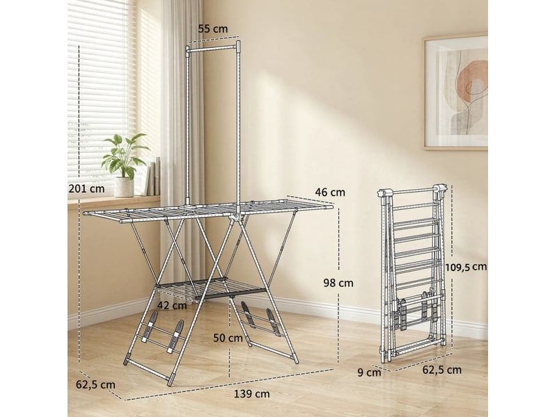  Séchoir à linge pliable en acier inoxydable 201, ailes réglables 5 niveaux et 4 supports chaussures, charge 25 kg  - Conforama C