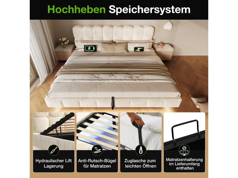  Lit coffre adulte,180x200 cm,avec led et ports usb,chenille,beige  - Conforama E