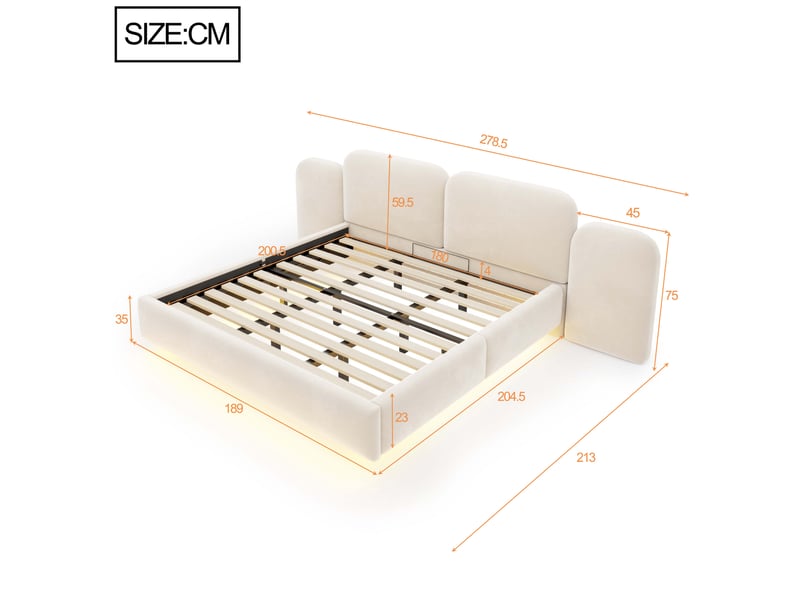  Lit 180x200 cm en velours beige avec rangement hydraulique, led rgb et prises usb, pour votre chambre, sans matelas  - Conforama C