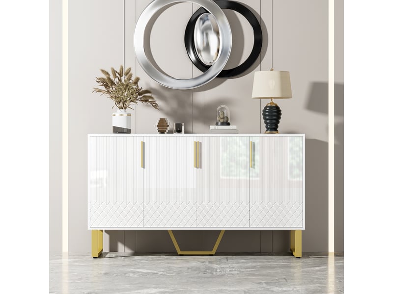  Buffet 4 portes mdf blanc brillant 140x40x80 cm à pieds et poignées en métal  - Conforama D