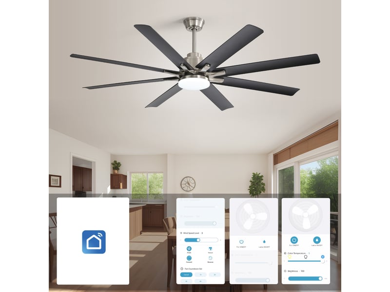 Ventilateur de plafond intelligent 168 cm avec led réglable, moteur réversible, contrôle à distance, abs, nickel brossé - Conforama W