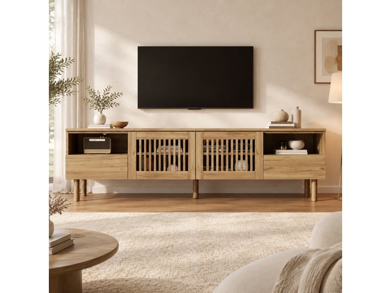 Meuble tv 180x40x51 cm en mdf coloris bois naturel avec 2 portes et 2 tiroirs - Conforama B