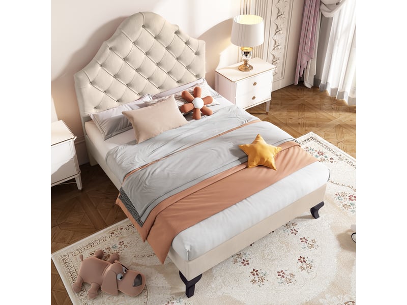  Lit simple 90x200 cm avec sommier à lattes bois, lit adulte, rembourré velours beige, tête de lit réglable en hauteur  - Conforama E