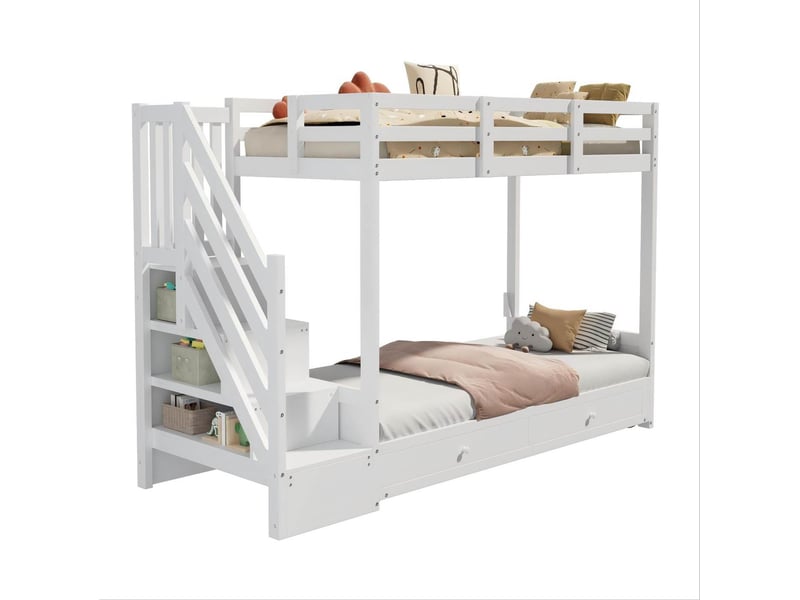  Lit superposé enfant blanc 90 x 200 cm avec escalier de rangement et 2 tiroirs  - Conforama A