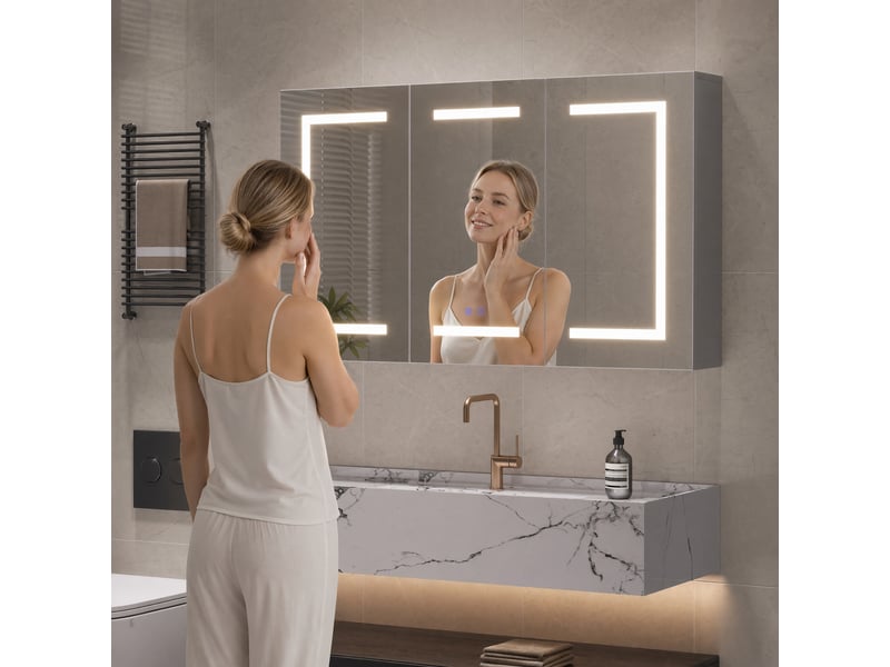  Armoire de toilette miroir avec led, 2 usb,100 x 60 x 13,5 cm ,antibuée,meuble salle de bain rangement,3 portes,fixation murale  - Conforama B