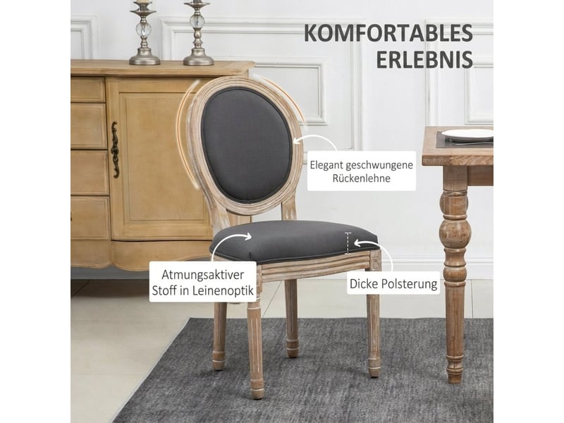  Chaise de salle à manger lot de 2 avec dossier rembourré et patins réglables, en tissu aspect lin gris et bois naturel  - Conforama D