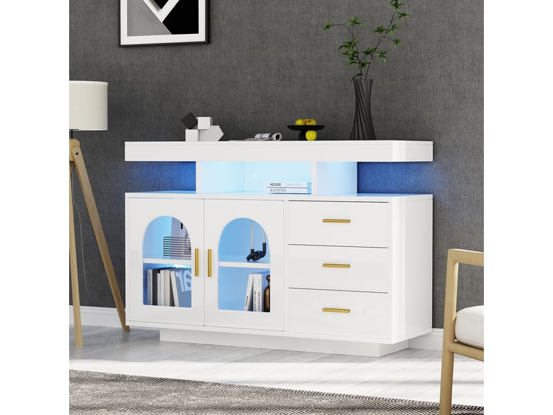 Buffet blanc brillant avec led 120 cm - meuble de rangement cuisine 3 tiroirs et portes acrylique - Conforama B