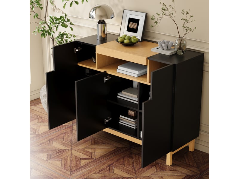 Buffet noir 120.5x42x96 cm meuble bas 3 portes avec compartiment central ouvert - Conforama W