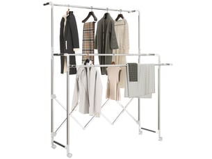 Étendoir à linge pliable avec 3 barres réglables, roulettes pivotantes et structure en acier inoxydable, argent
