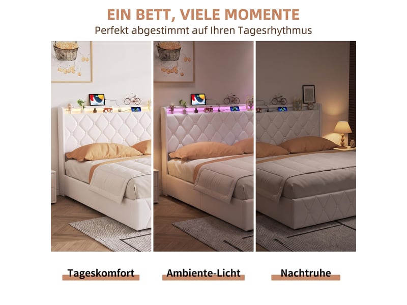  Lit double 140×200 cm  –  lit coffre – rangement hydraulique xxl – éclairage led rgb – port usbtype‑c  –  velours beige  - Conforama E