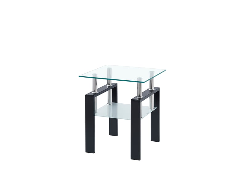 Table basse en verre trempé 50,5x50,5x23 cm – transparent – double plateau, pieds noirs, style moderne - Conforama E