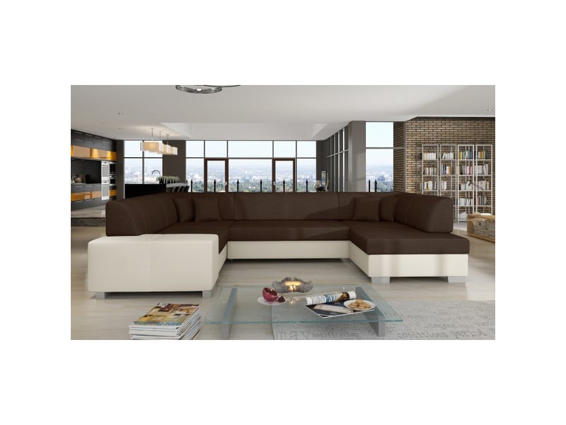 Canapé panoramique en u marron & blanc convertible 6 places havane avec rangement intégré - Conforama B