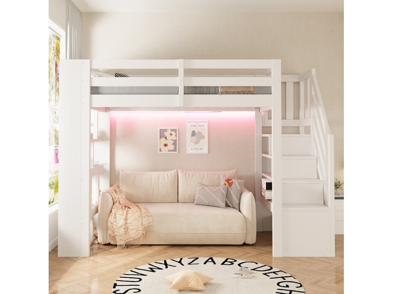 Lit mezzanine enfant 90x200 cm blanc bois, étagères, escalier de rangement et éclairage led intégré - Conforama B