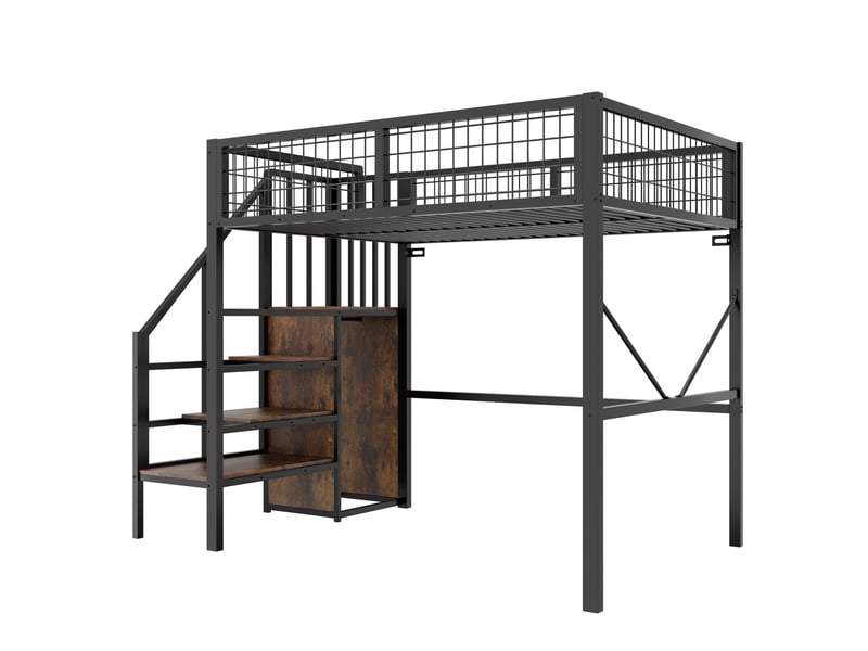 Lit mezzanine 140 x 200 cm avec échelle et rangement, éclairage led, garde-corps grillagé de sécurité, métal et bois, noir OMNIGLINT TRADING LTD - Conforama E