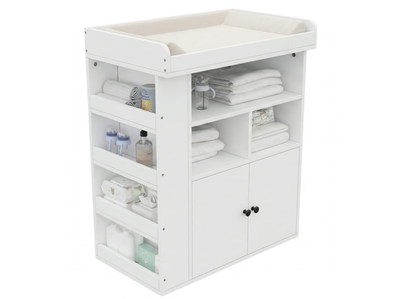  Commode à langer - 82 x 50 x 100 cm - commode à langer avec plan à langer, placard, étagères latérales et porte-revues - blanc  - Conforama A