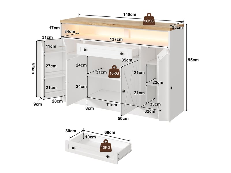  Buffet avec led rgb et  avec 4 portes et tiroir, buffet salon 140x35x95 cm en mdf blanc, meubles de rangement  - Conforama C