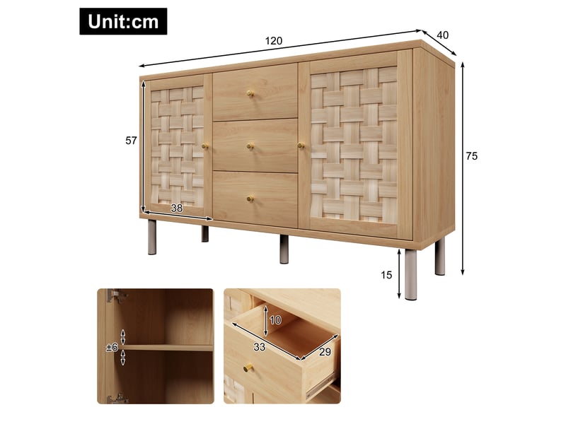  Buffet et enfilade avec 2 portes, 3 tiroirs et étagères réglables pour salon, bois et métal, chêne, 120 × 40 × 75 cm  - Conforama D