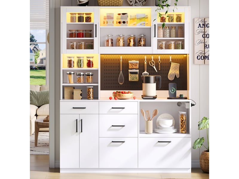  Armoire de cuisine blanc avec led et prises meuble de rangement mdf 5 tiroirs 185 cm  - Conforama B