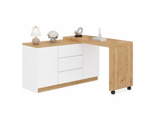 Bureau rotatif 120x50x76,5 cm, 2 portes et 3 tiroirs, rangement, meuble chambre, panneau de particules, blanc et chêne