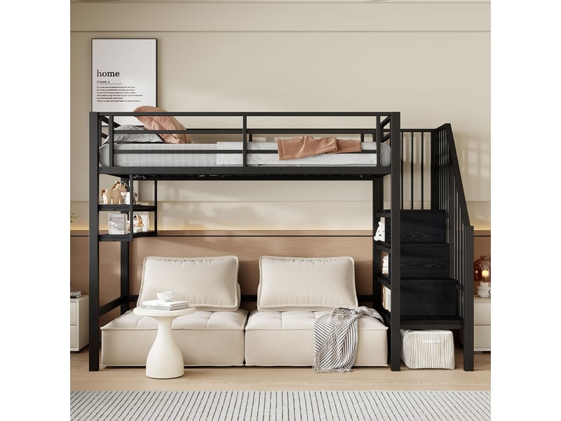  Lit mezzanine enfant 90x200 cm, espace de rangement, étagères,  garde-corps, sommier, métal noir, sans matelas  - Conforama B
