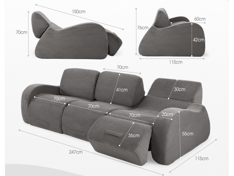 Canapé modulable 3 places 247x115x76 cm - canapé d’angle convertible - sofa cloud sans montage - fonction lit - velours côtelé - gris CozyNest - Conforama C
