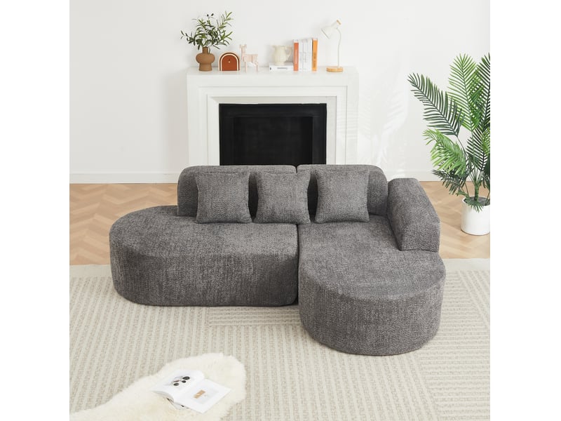  Canapé d'angle 3 places en tissu gris anthracite, méridienne droite, design arrondi wabi-sabi pour salon  - Conforama E