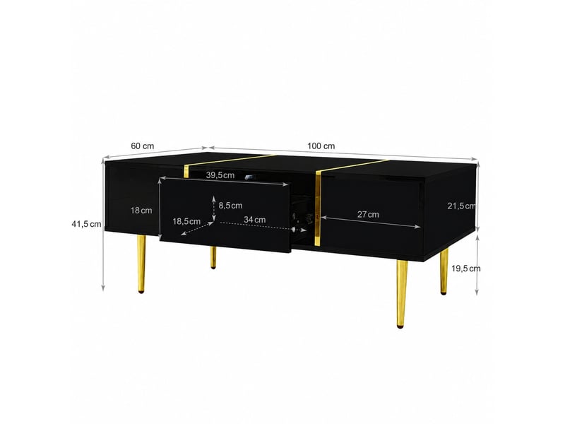  Table basse noire brillante avec 2 tiroirs et détails dorés, 100 x 60 cm  - Conforama C